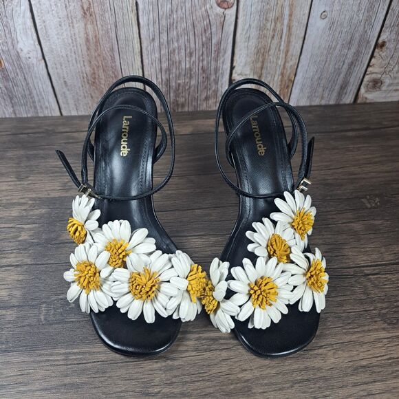 Larroudé Black Leather Floral Daisy Fiore Heel Sandals Women's Sz 6.5 (READ) - Picture 2 of 13